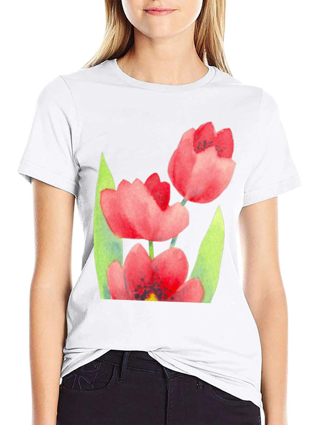 Floral Print Black T-Shirt - Stylish Tulip Design