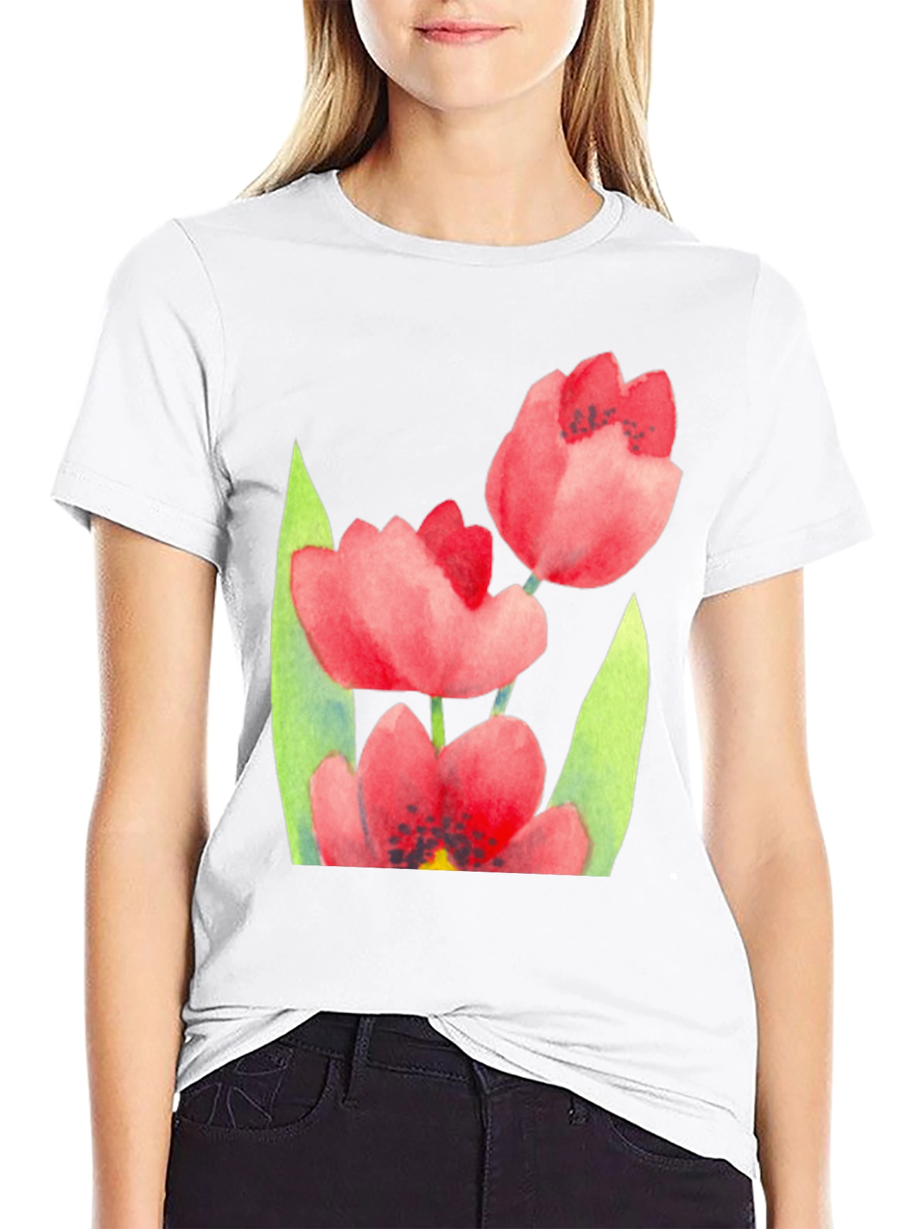 Floral Print Black T-Shirt - Stylish Tulip Design