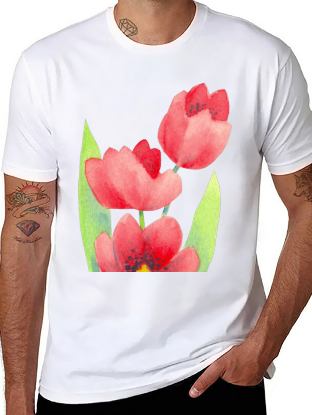 Floral Print Black T-Shirt - Stylish Tulip Design
