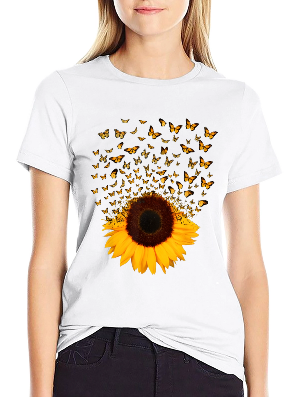 Sunflower Butterfly Graphic Black T-Shirt