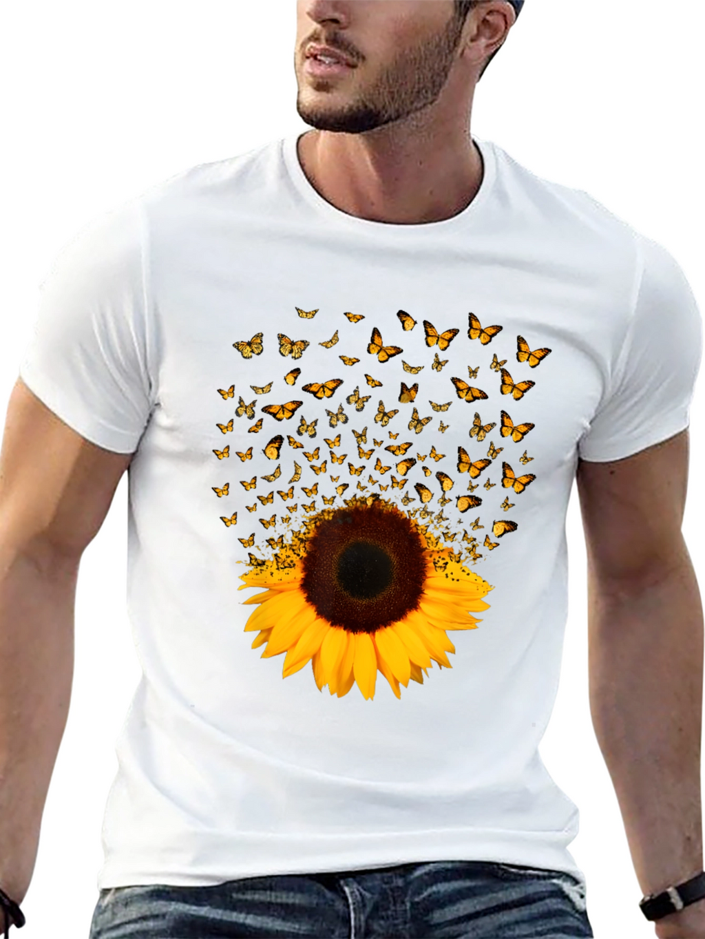 Sunflower Butterfly Graphic Black T-Shirt