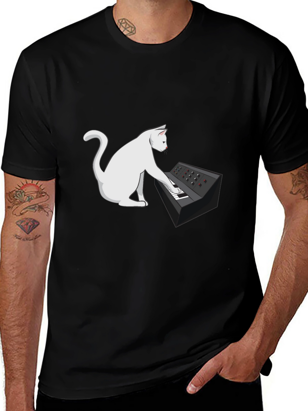 Cat Keyboardist Graphic Tee - Black Cotton T-Shirt