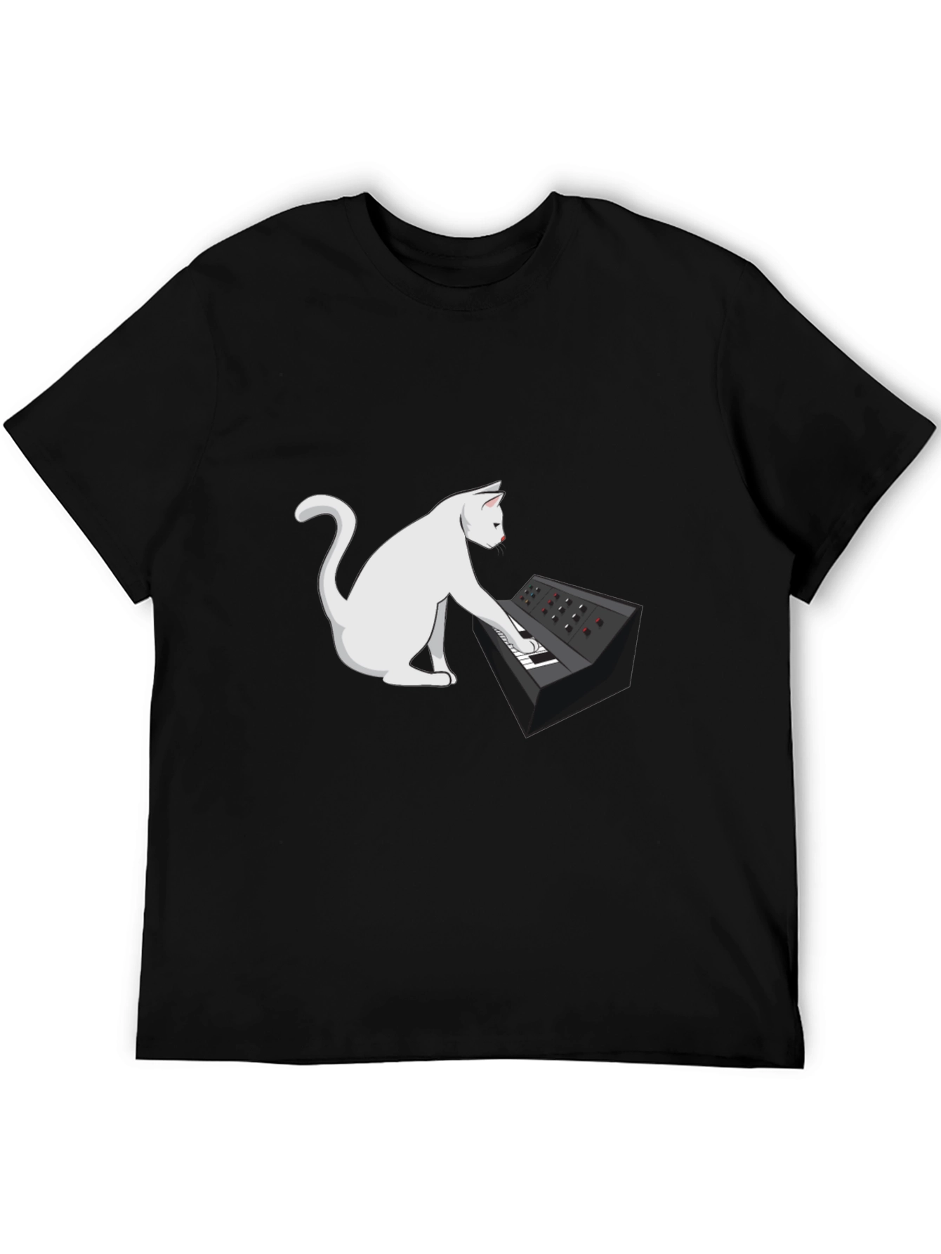Cat Keyboardist Graphic Tee - Black Cotton T-Shirt