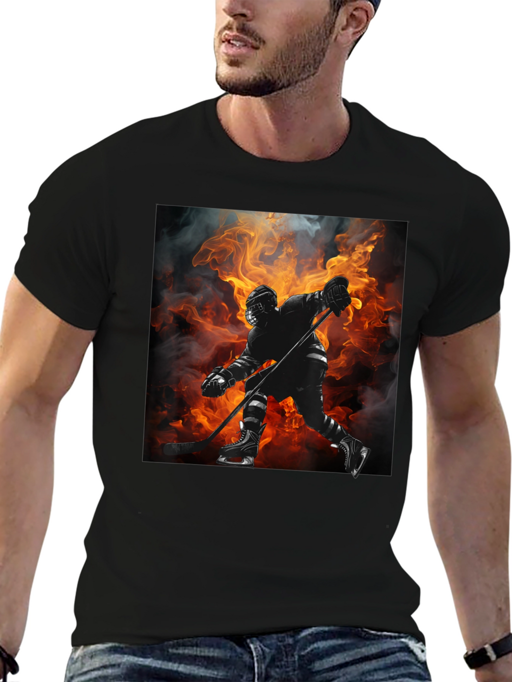 Hockey Player Flames Graphic T-Shirt