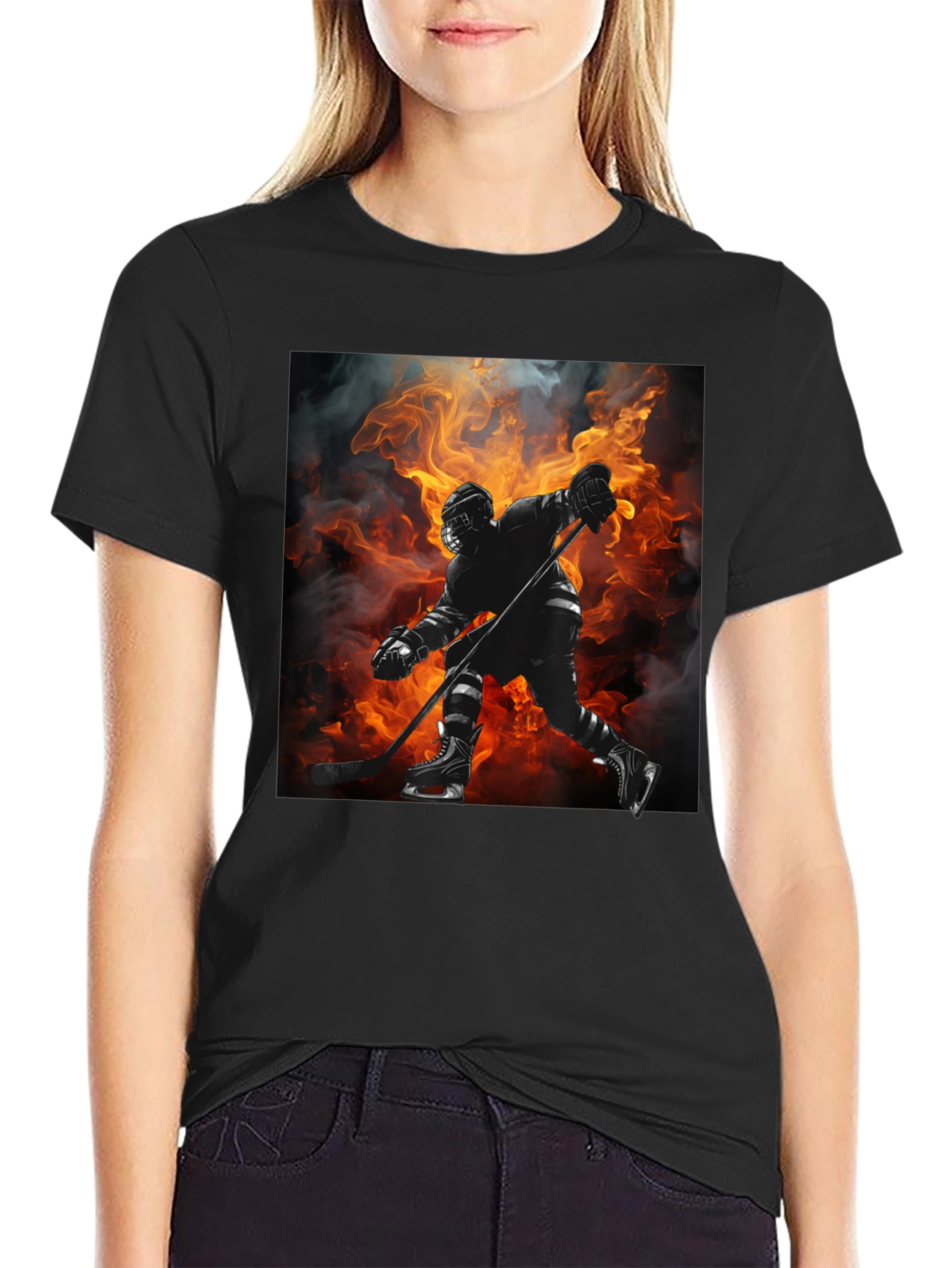 Hockey Player Flames Graphic T-Shirt