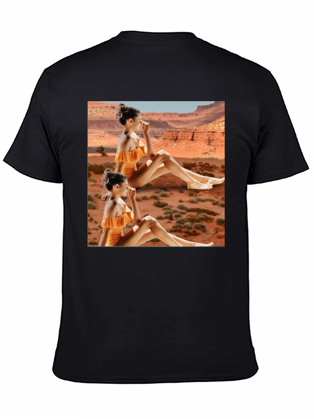 Trendy Black T-Shirt with Unique Desert Graphic Design