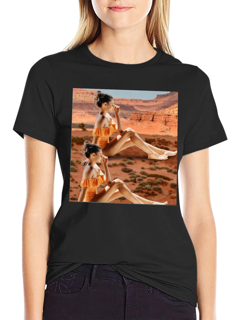 Trendy Black T-Shirt with Unique Desert Graphic Design