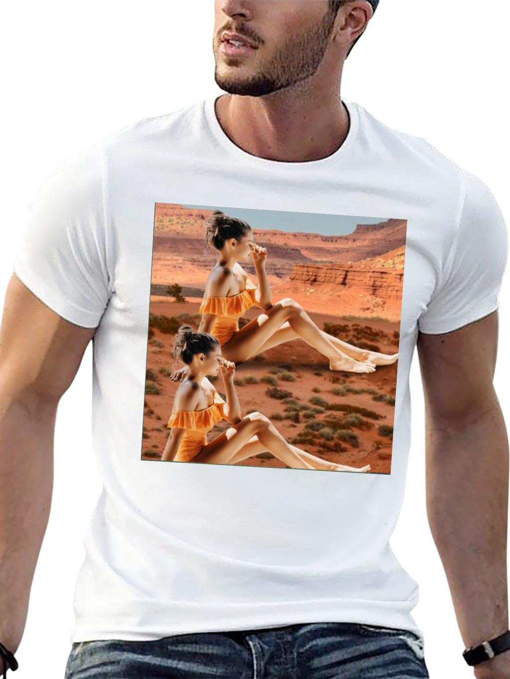 Trendy Black T-Shirt with Unique Desert Graphic Design