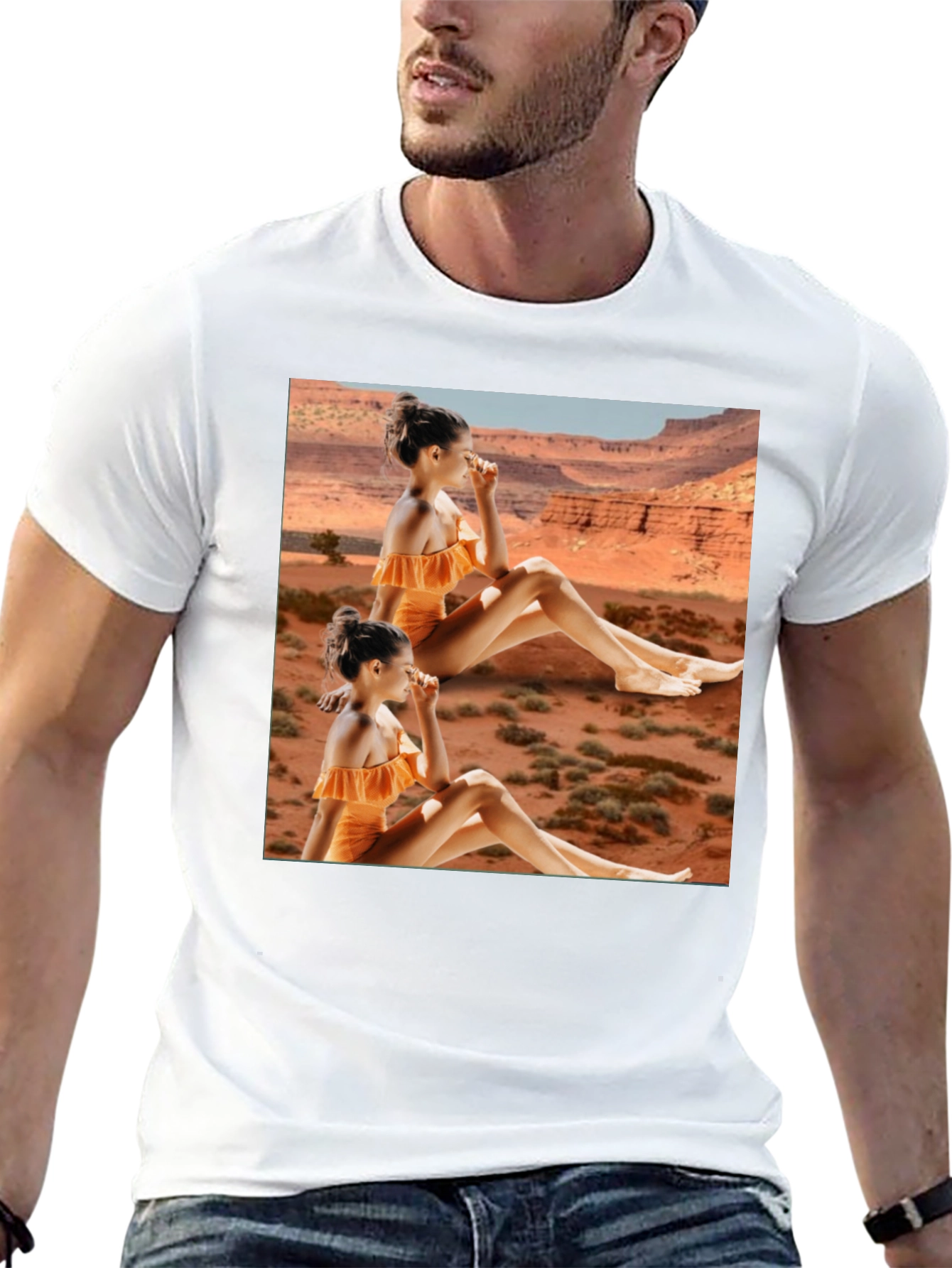 Trendy Black T-Shirt with Unique Desert Graphic Design