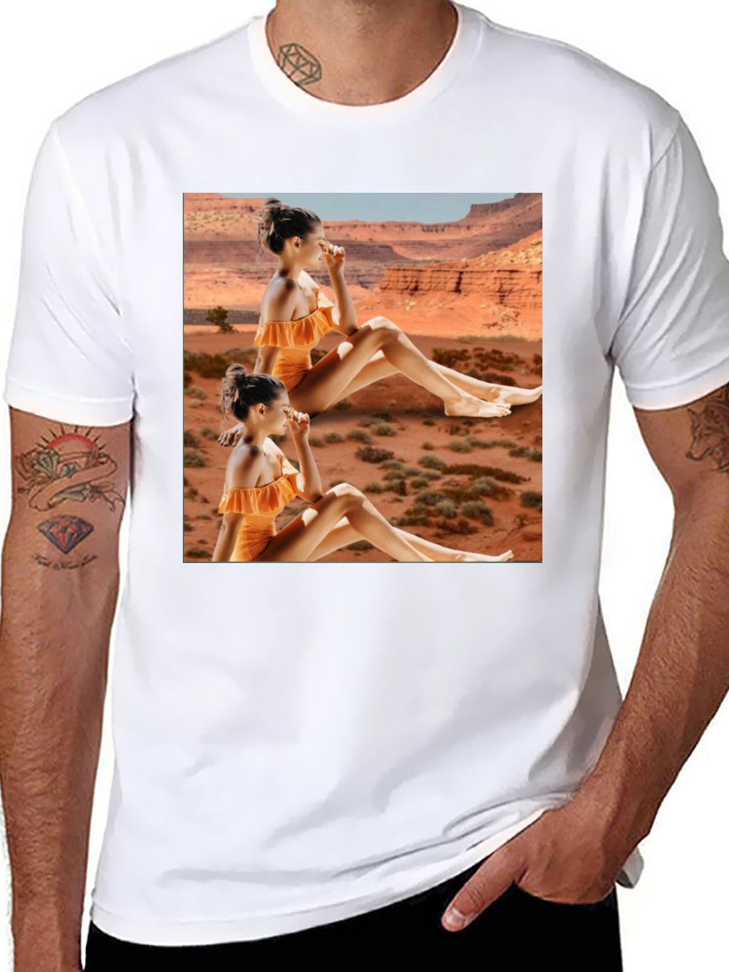 Trendy Black T-Shirt with Unique Desert Graphic Design