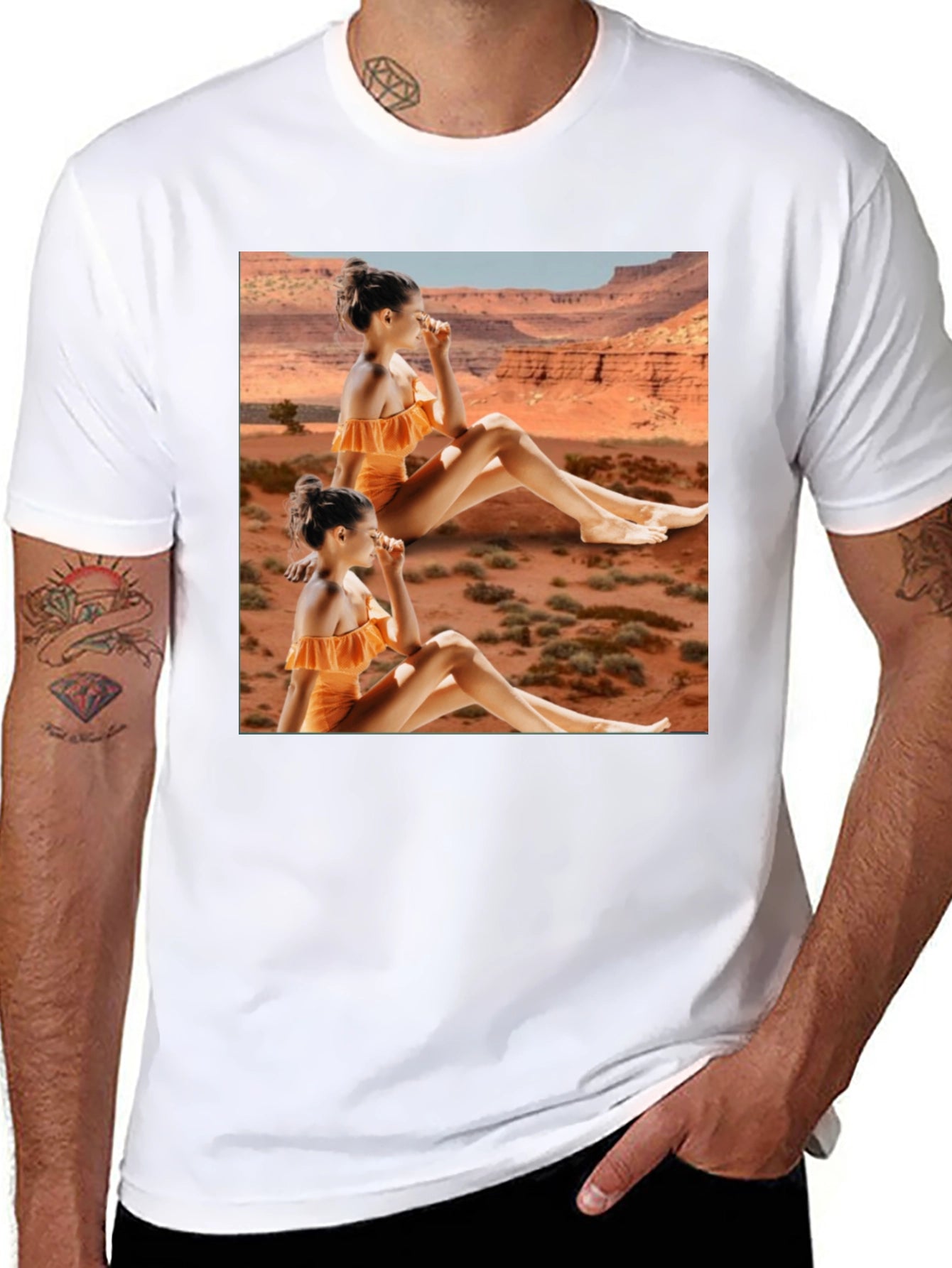 Trendy Black T-Shirt with Unique Desert Graphic Design