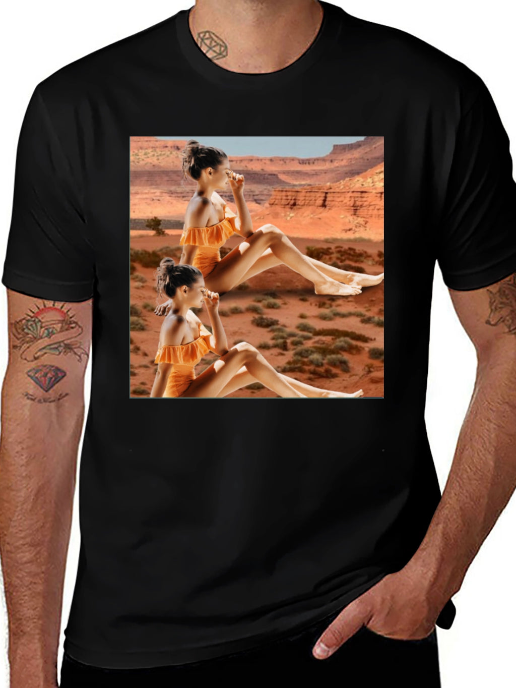 Trendy Black T-Shirt with Unique Desert Graphic Design