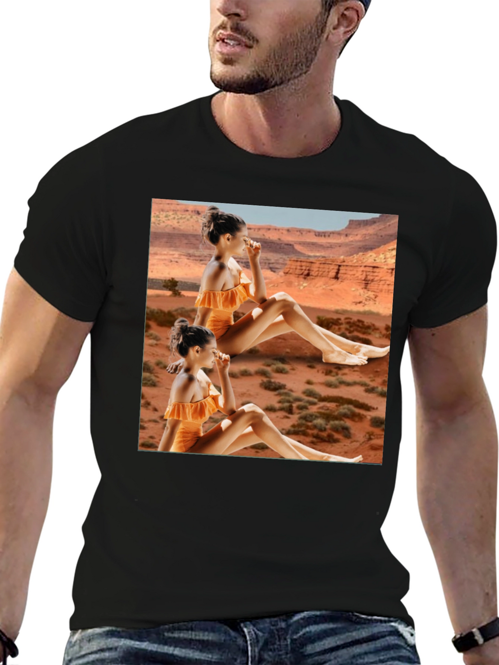 Trendy Black T-Shirt with Unique Desert Graphic Design