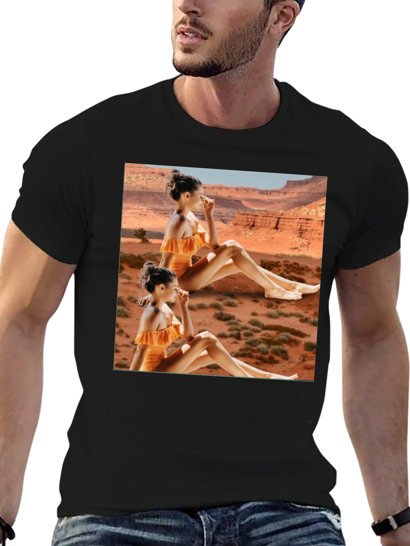 Trendy Black T-Shirt with Unique Desert Graphic Design