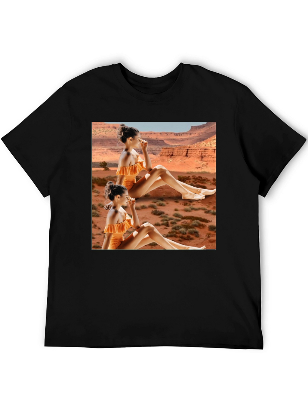 Trendy Black T-Shirt with Unique Desert Graphic Design