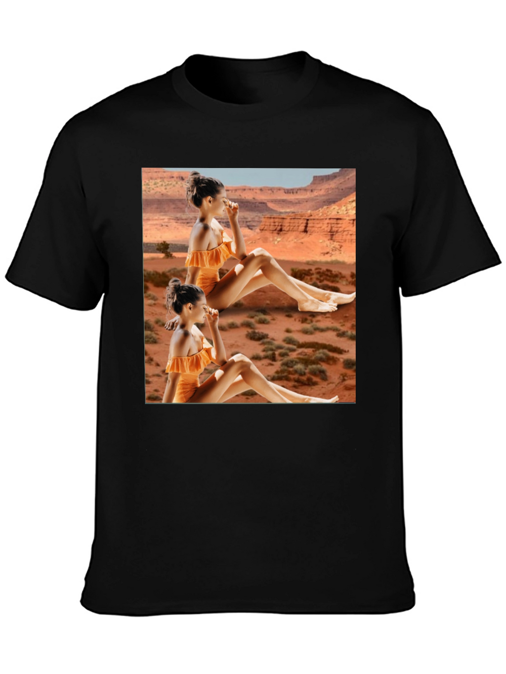 Trendy Black T-Shirt with Unique Desert Graphic Design