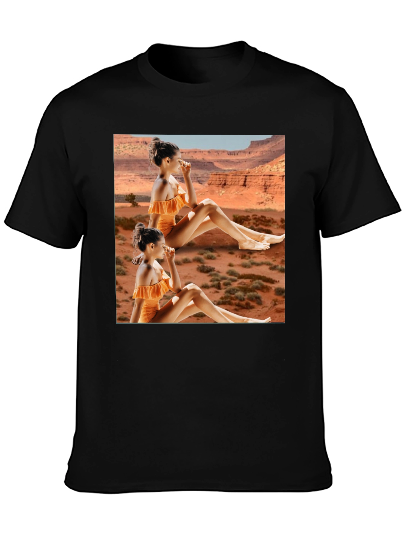 Trendy Black T-Shirt with Unique Desert Graphic Design