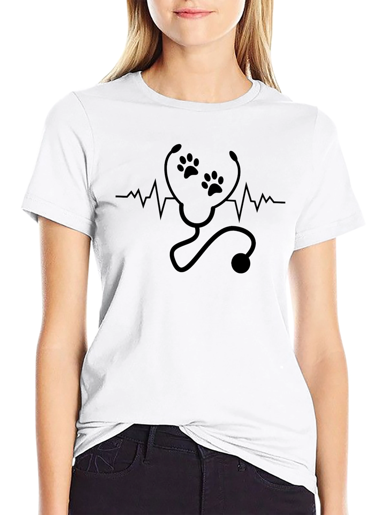 Vet Tech Paw Print Stethoscope Heartbeat T-Shirt