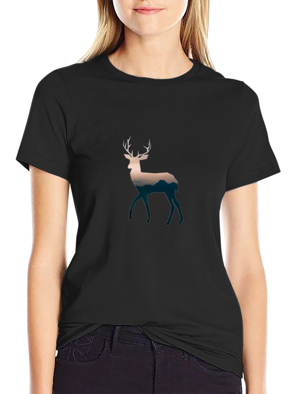 Deer Silhouette Graphic Print Black T-Shirt