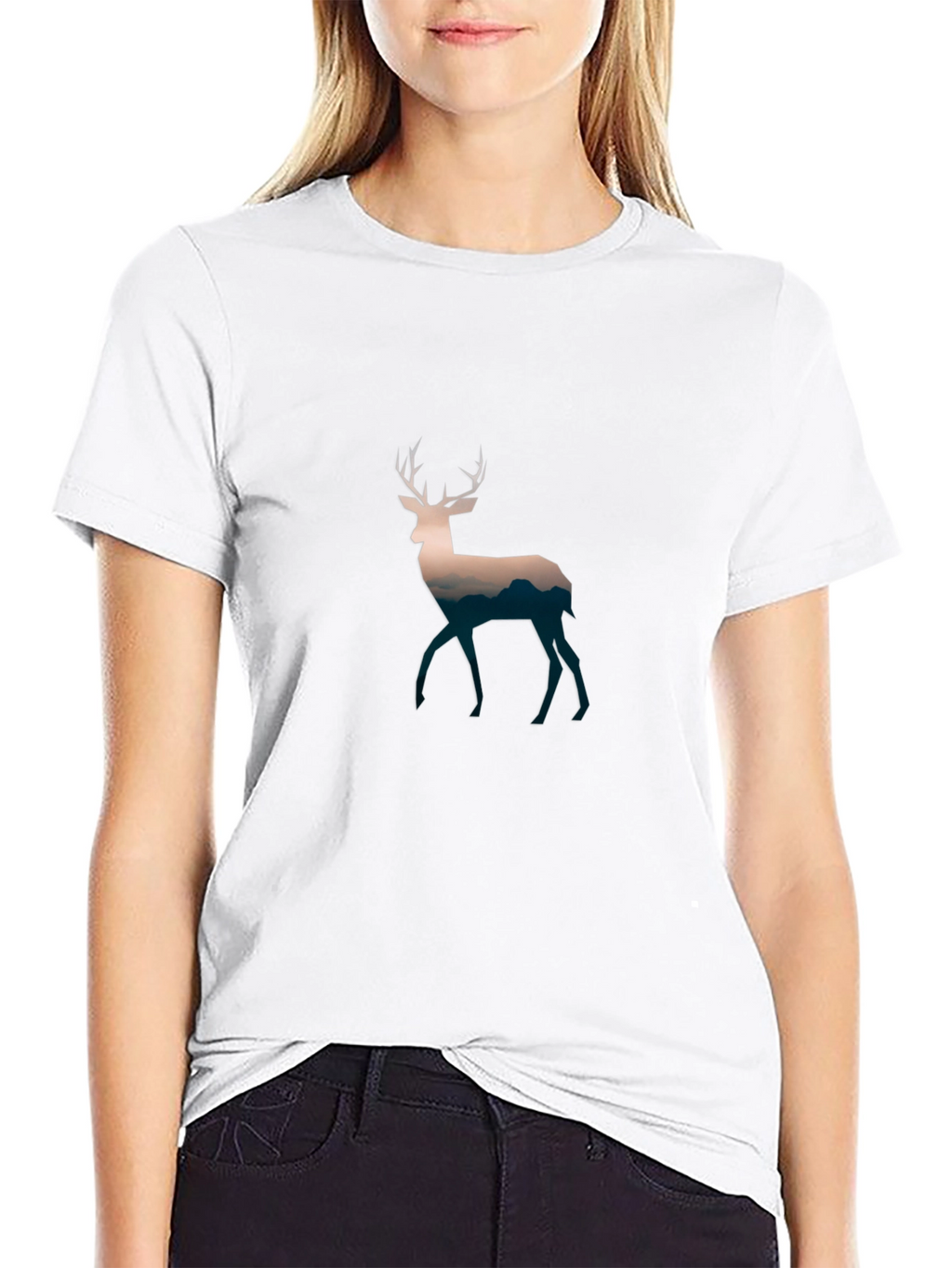 Deer Silhouette Graphic Print Black T-Shirt