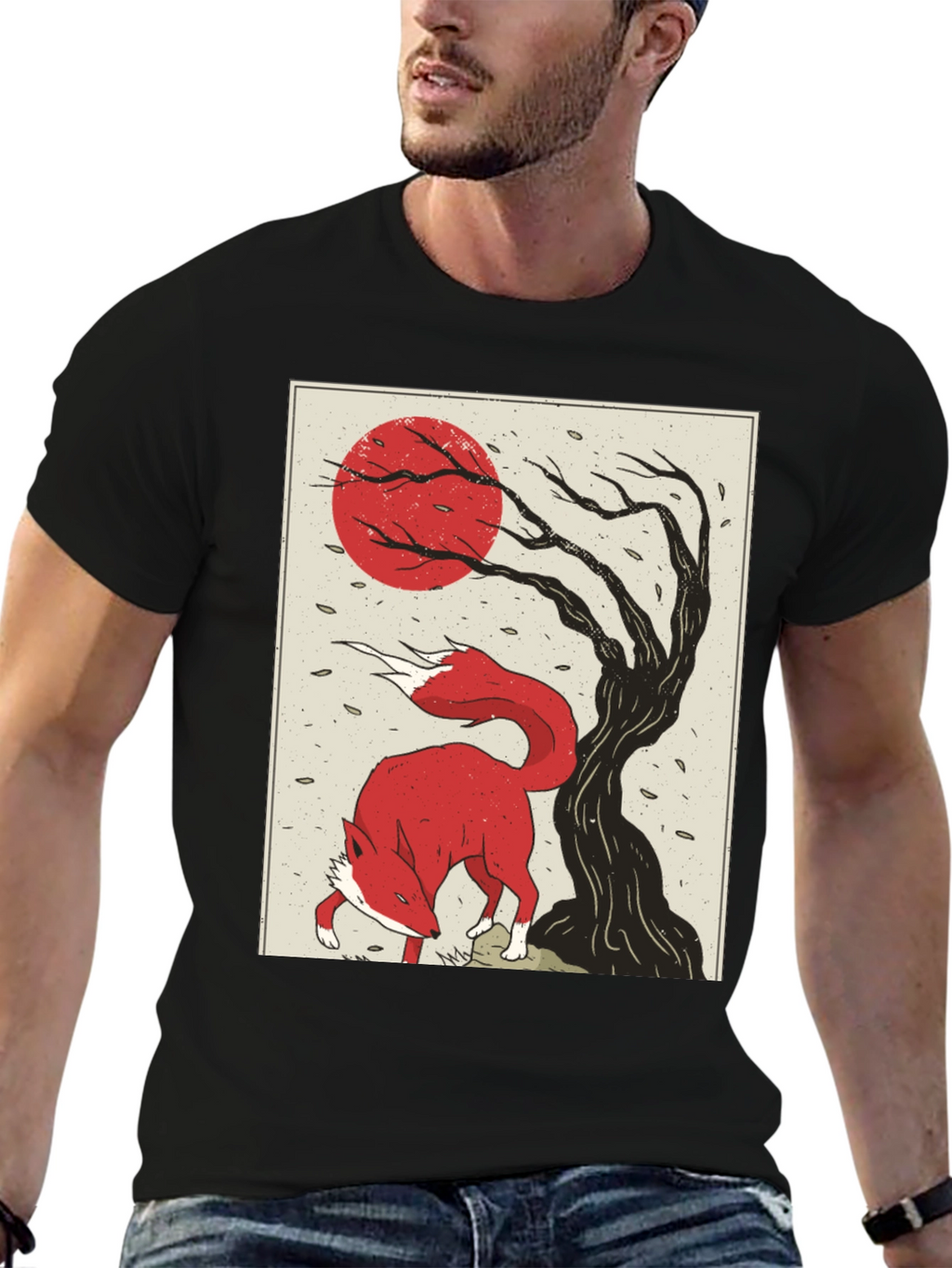 Mens Fox and Tree Graphic T-Shirt - Black