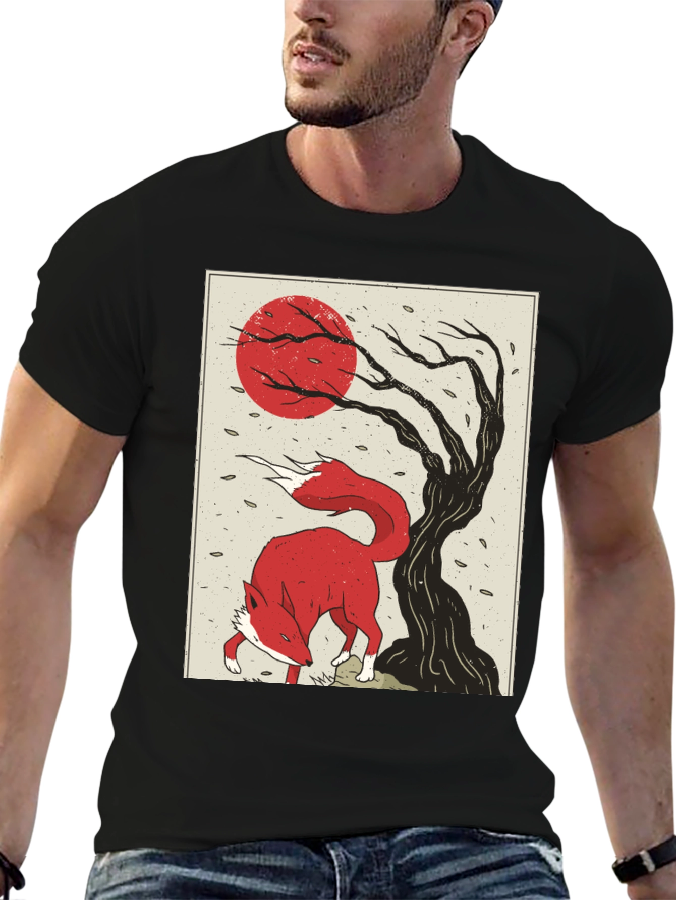 Mens Fox and Tree Graphic T-Shirt - Black