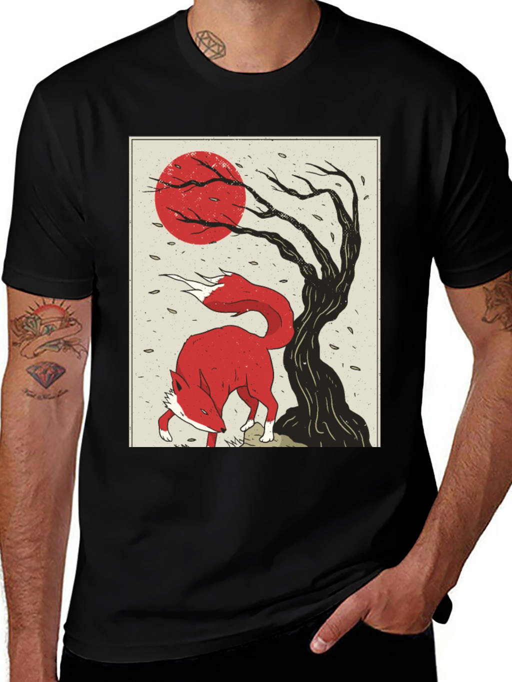 Mens Fox and Tree Graphic T-Shirt - Black