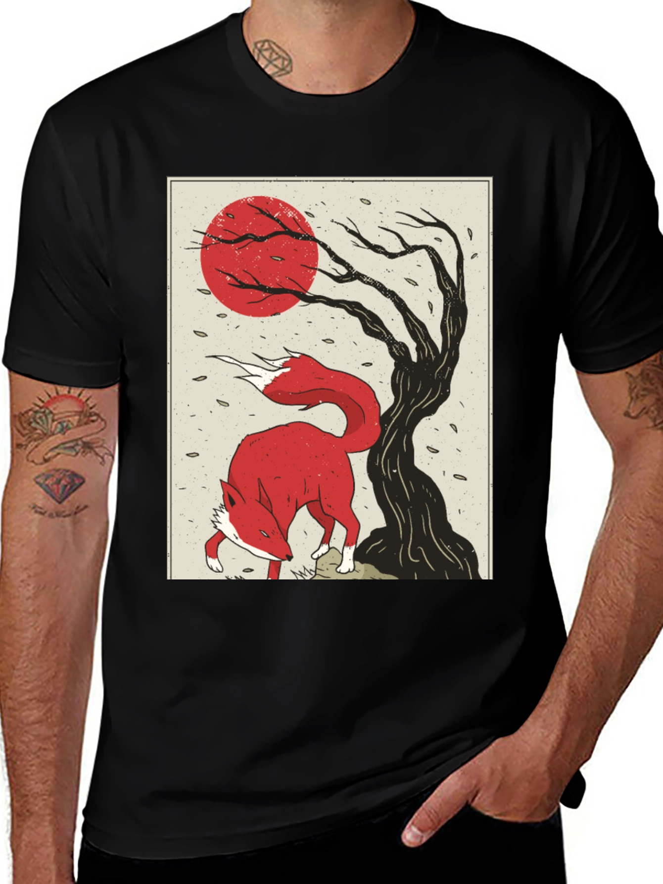 Mens Fox and Tree Graphic T-Shirt - Black