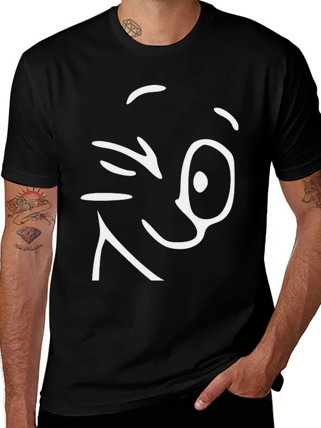 Winking Face Graphic Tee - Black Cotton T-Shirt