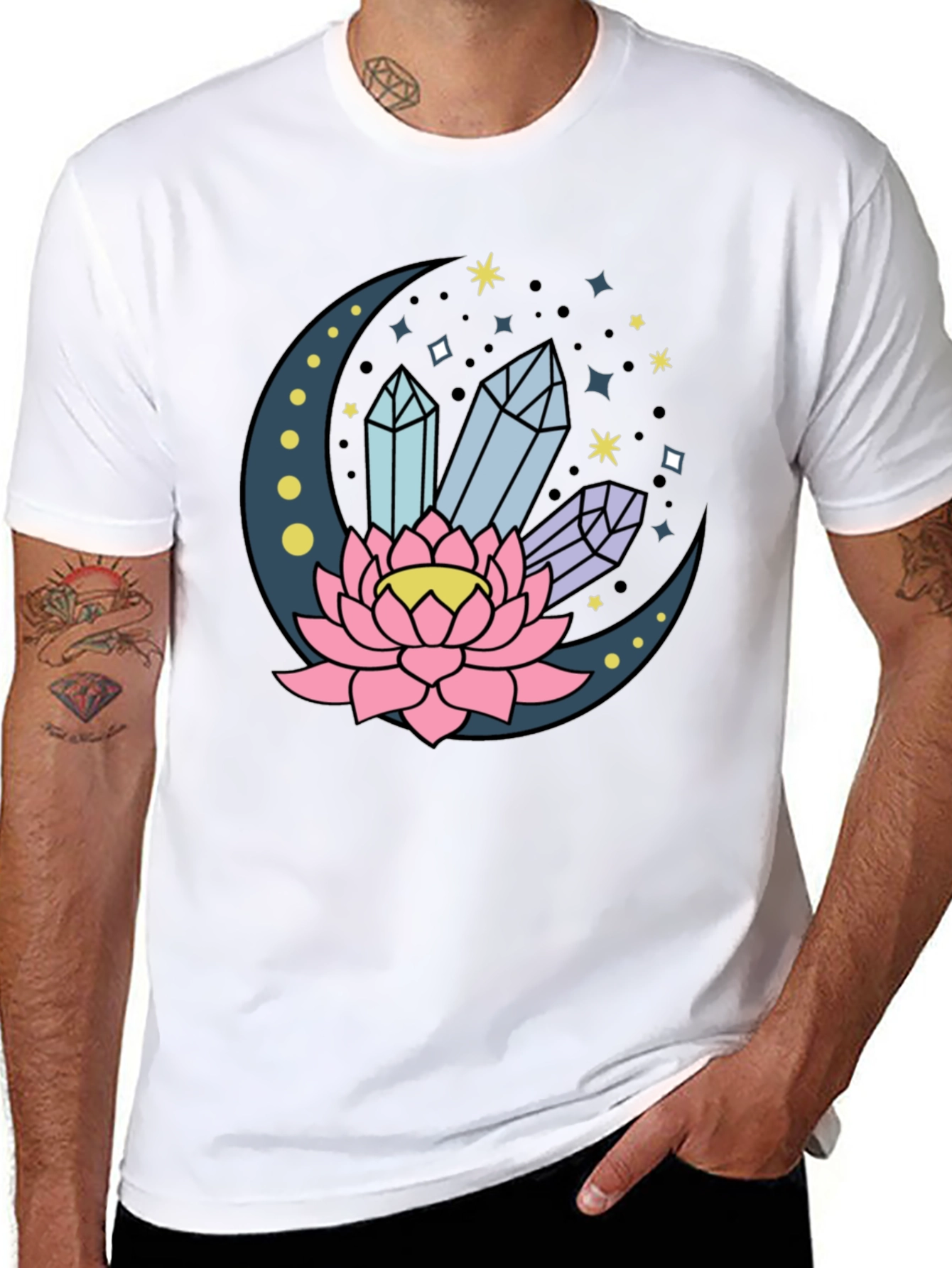 Moon Lotus Crystal T-Shirt - Celestial Design