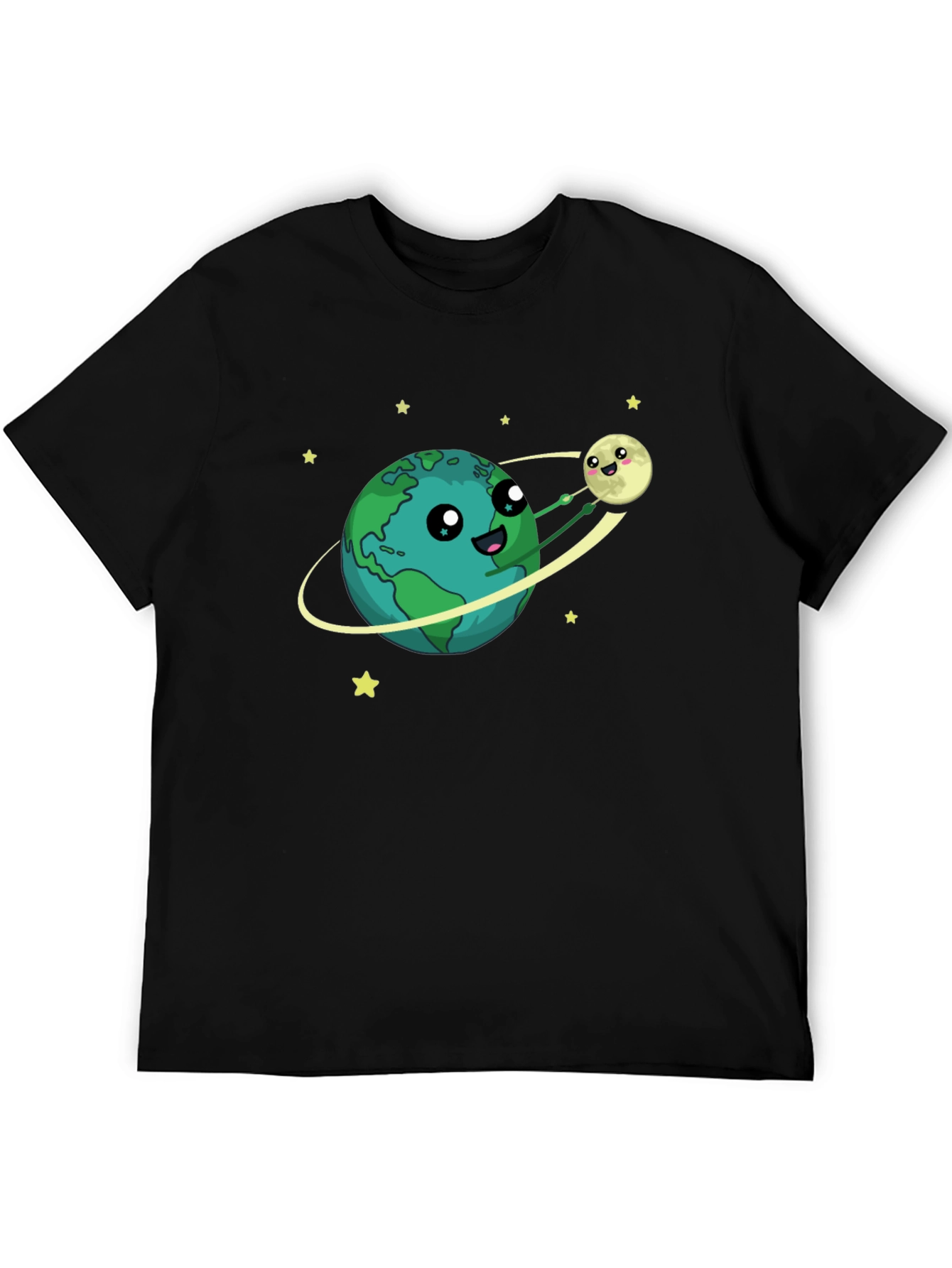 Earth & Moon Cartoon Graphic Black T-Shirt