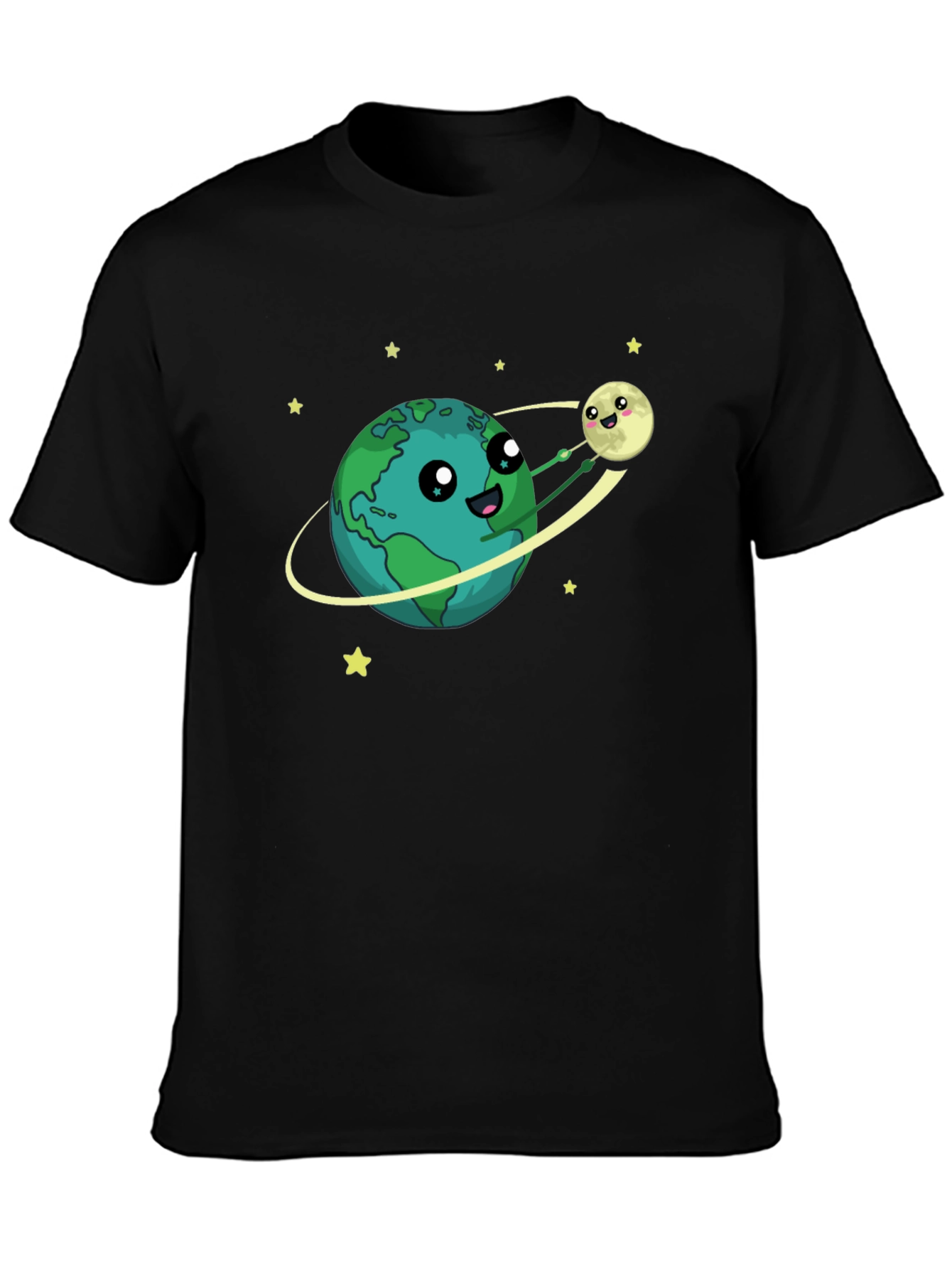 Earth & Moon Cartoon Graphic Black T-Shirt