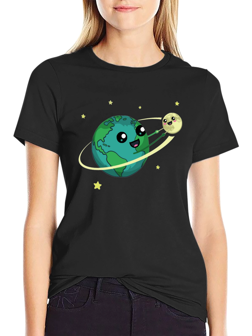 Earth & Moon Cartoon Graphic Black T-Shirt