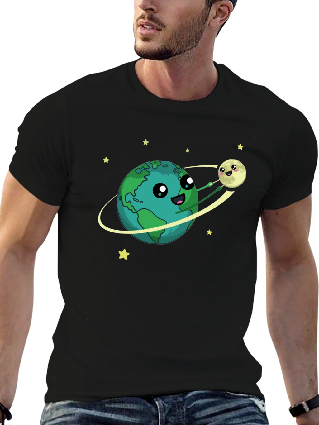 Earth & Moon Cartoon Graphic Black T-Shirt