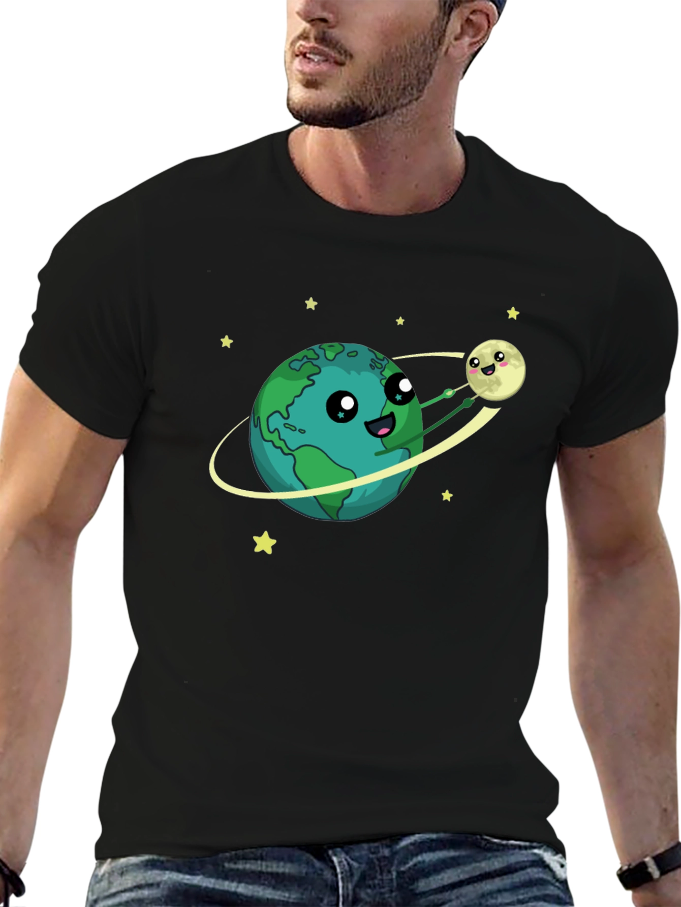 Earth & Moon Cartoon Graphic Black T-Shirt
