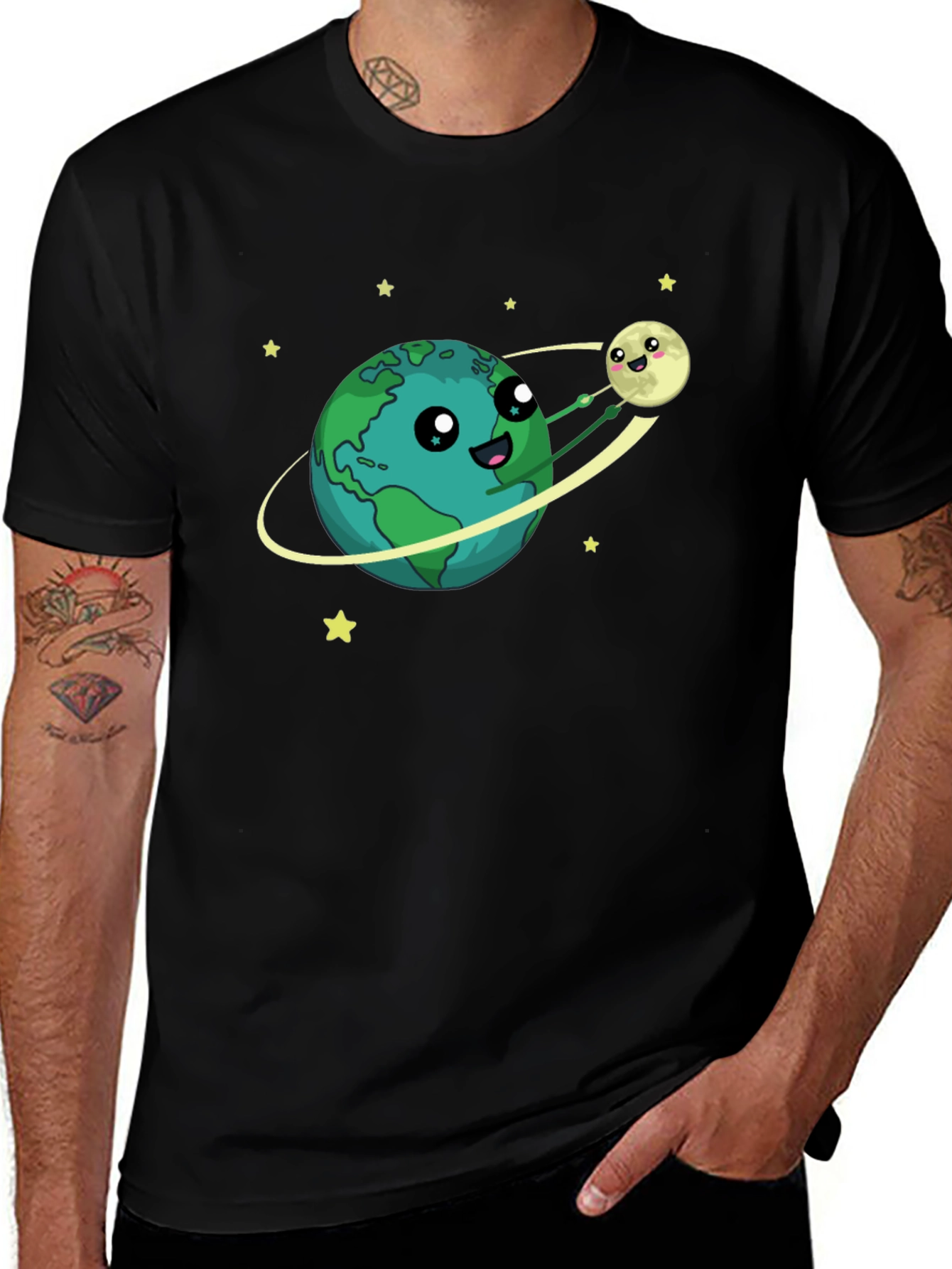 Earth & Moon Cartoon Graphic Black T-Shirt