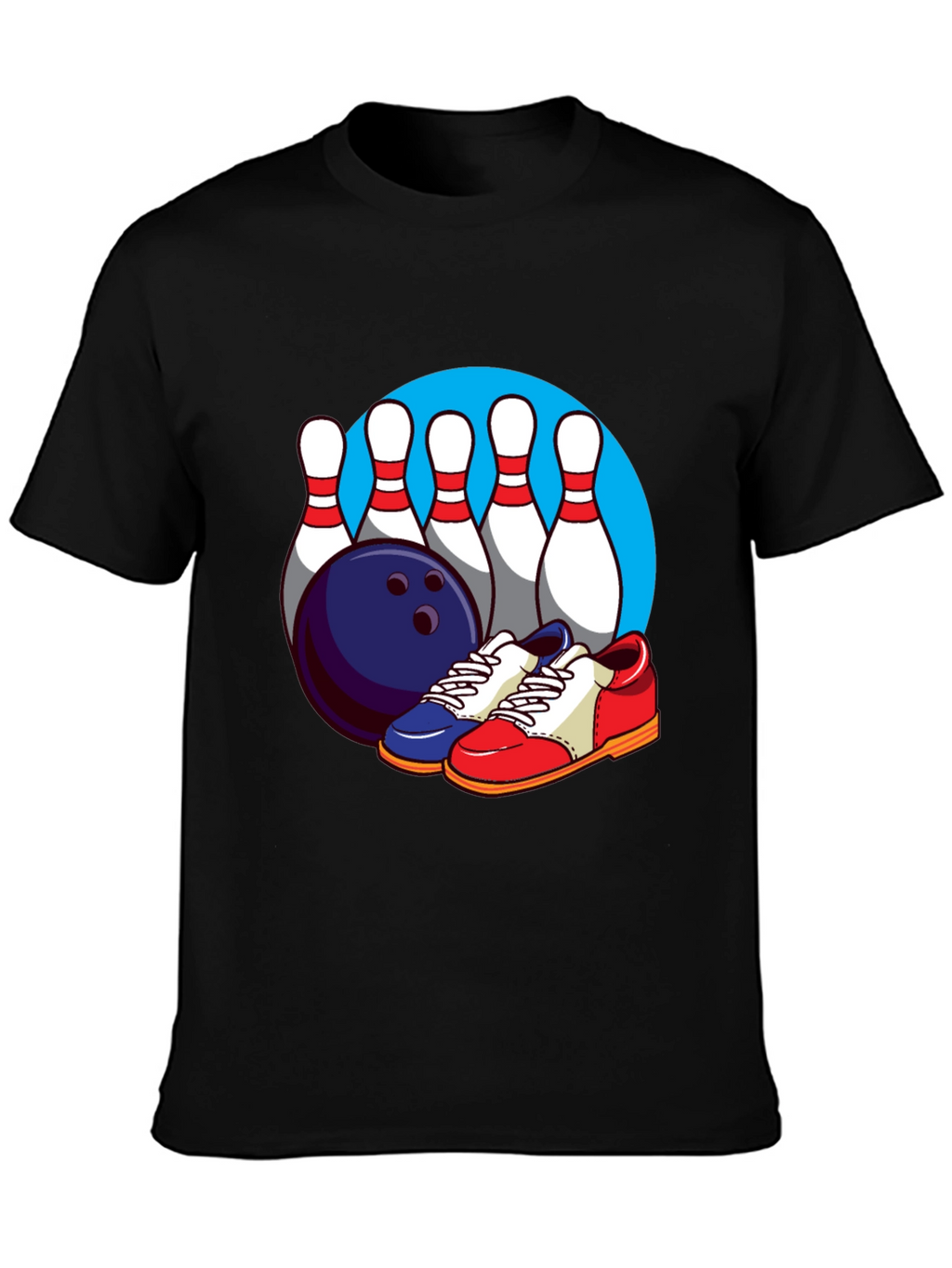 Bowling T-Shirt with Pins Ball and Shoes Graphic