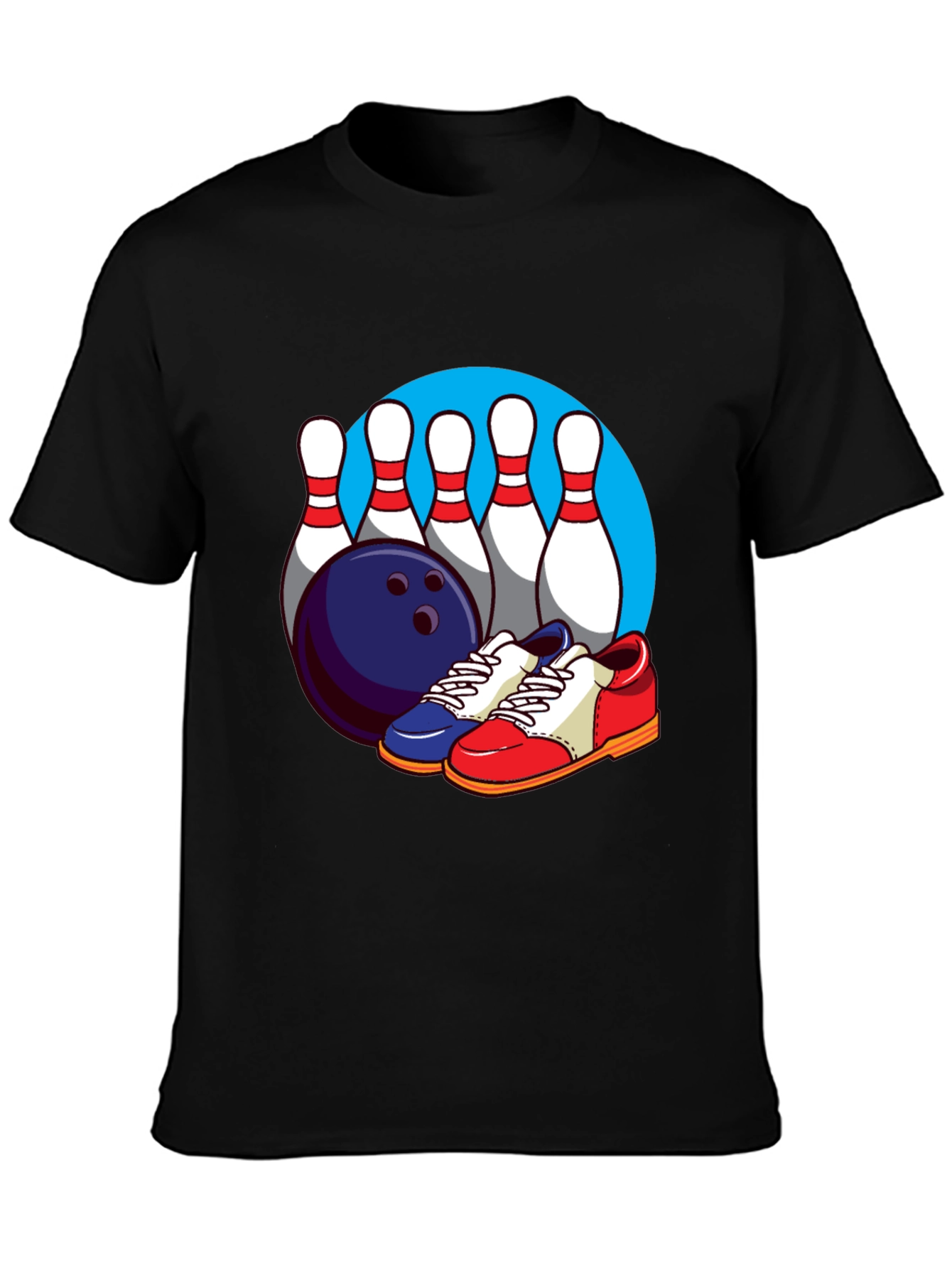 Bowling T-Shirt with Pins Ball and Shoes Graphic