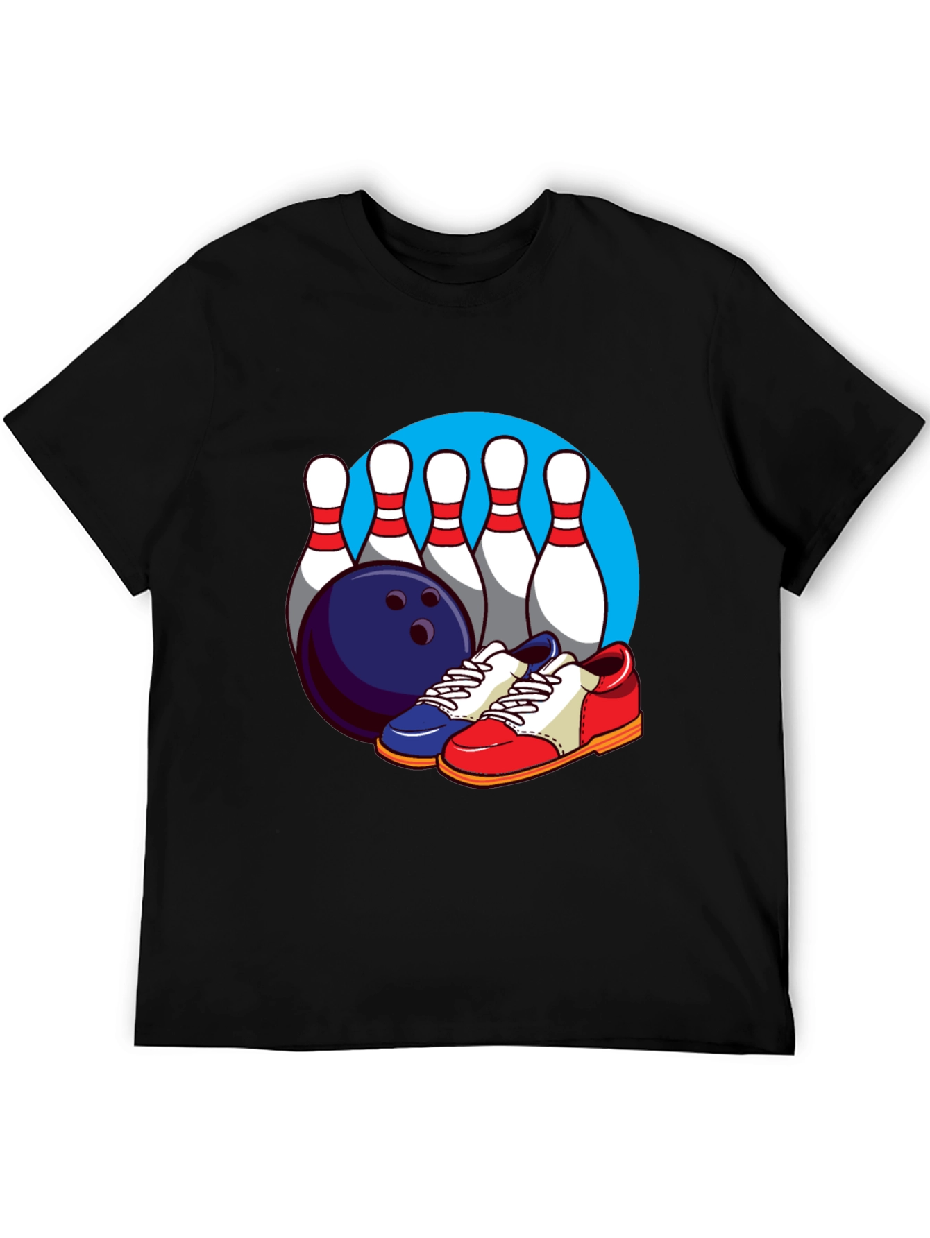 Bowling T-Shirt with Pins Ball and Shoes Graphic