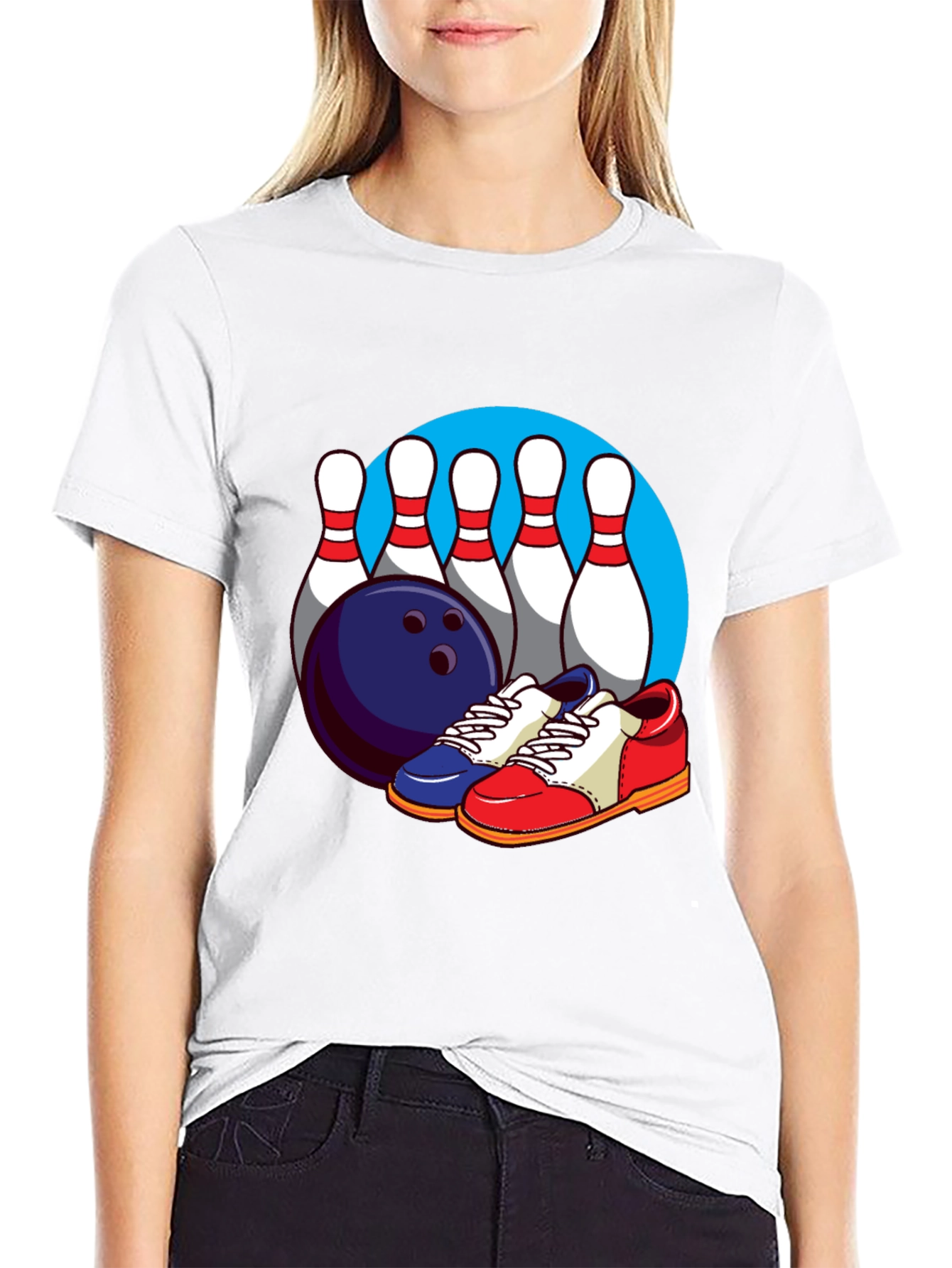 Bowling T-Shirt with Pins Ball and Shoes Graphic