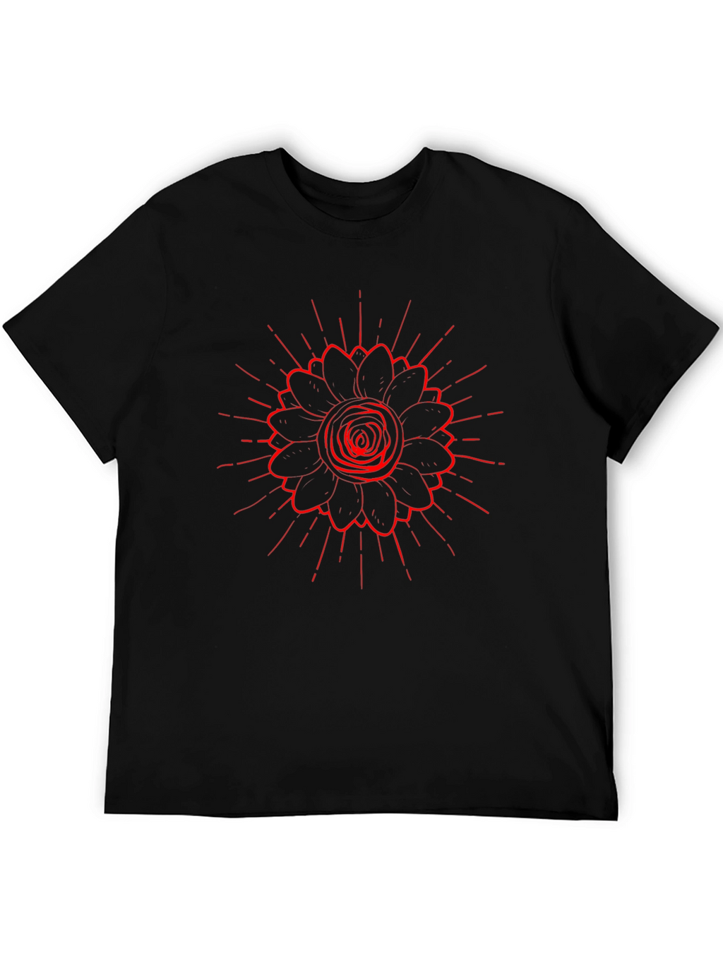 Black Tee with Red Floral Burst Design