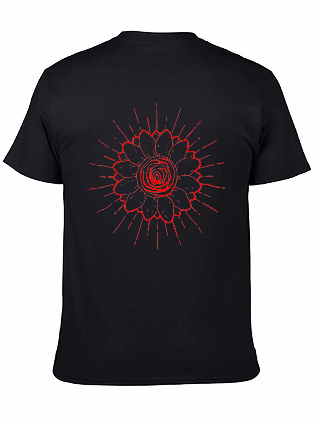 Black Tee with Red Floral Burst Design