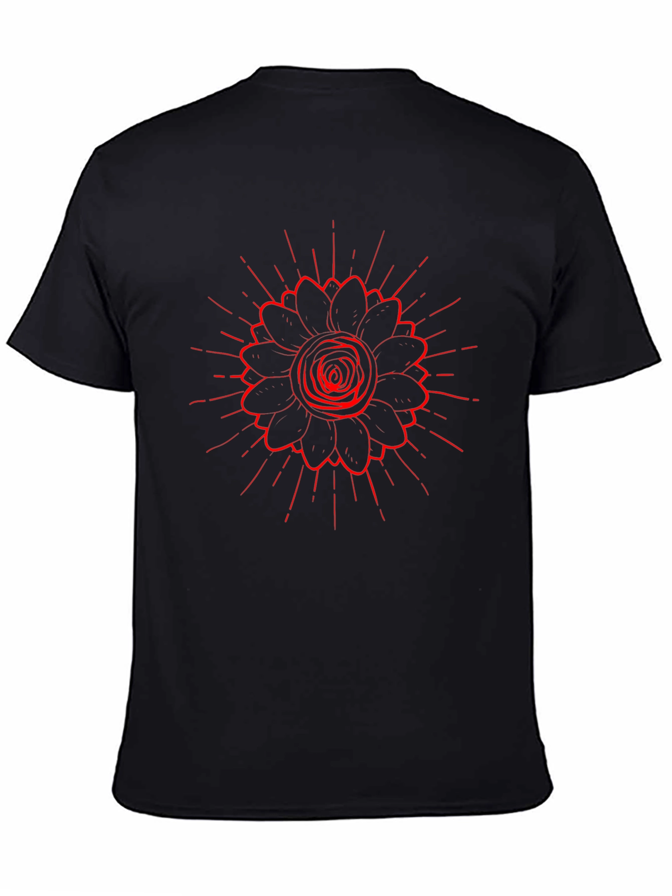 Black Tee with Red Floral Burst Design