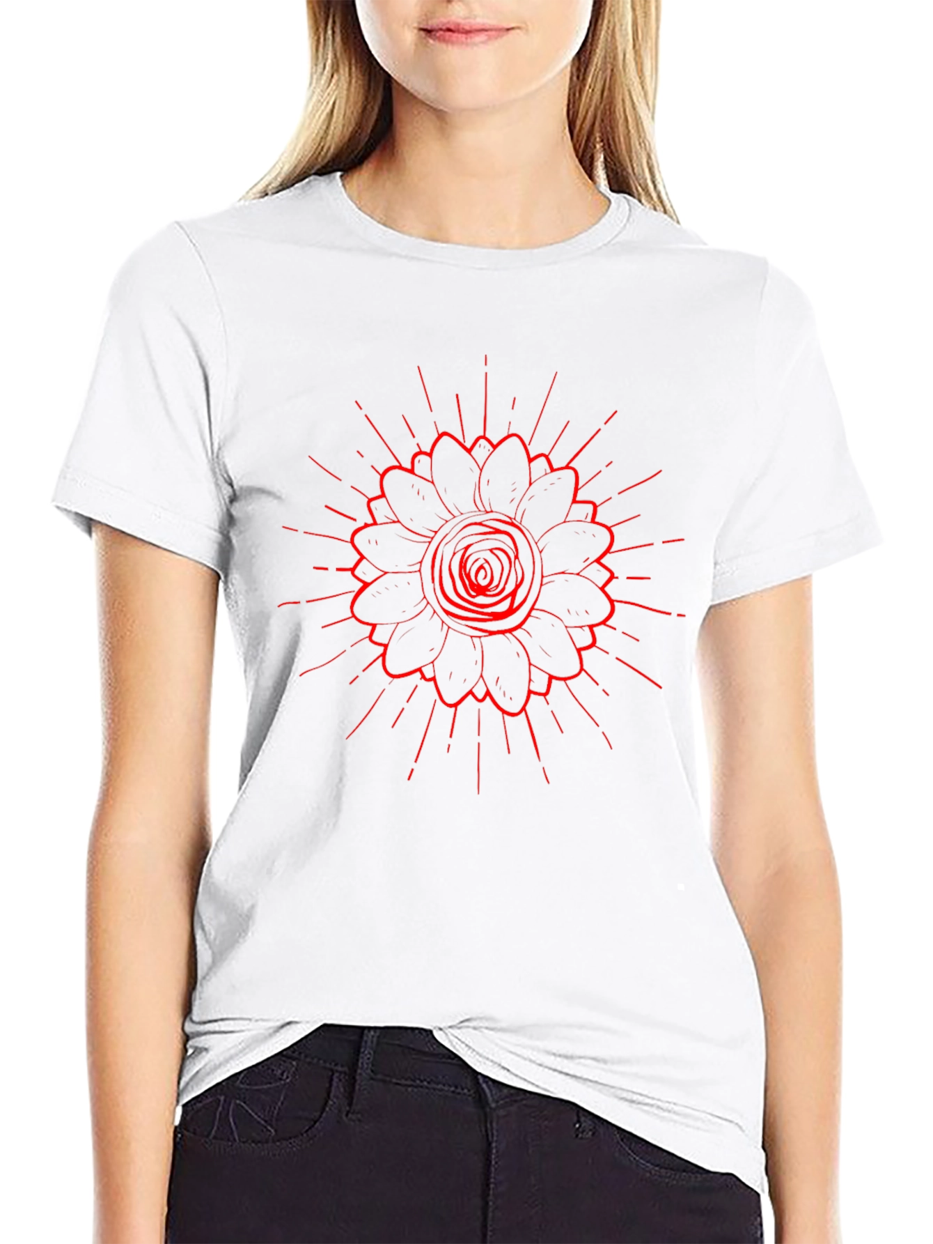 Black Tee with Red Floral Burst Design