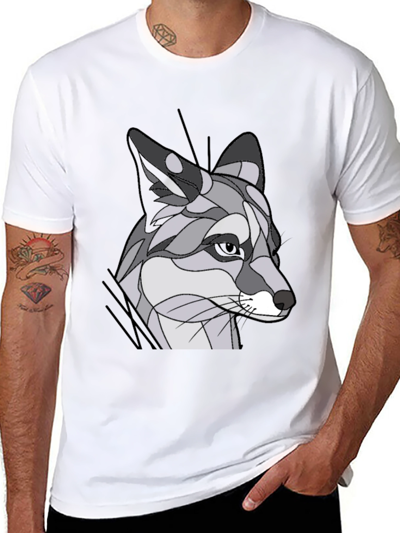 Abstract Geometric Fox Graphic Tee - Black