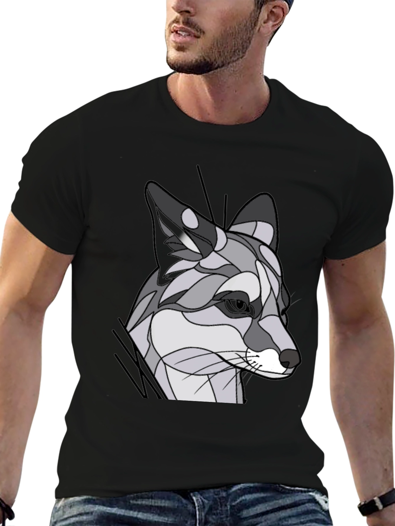 Abstract Geometric Fox Graphic Tee - Black