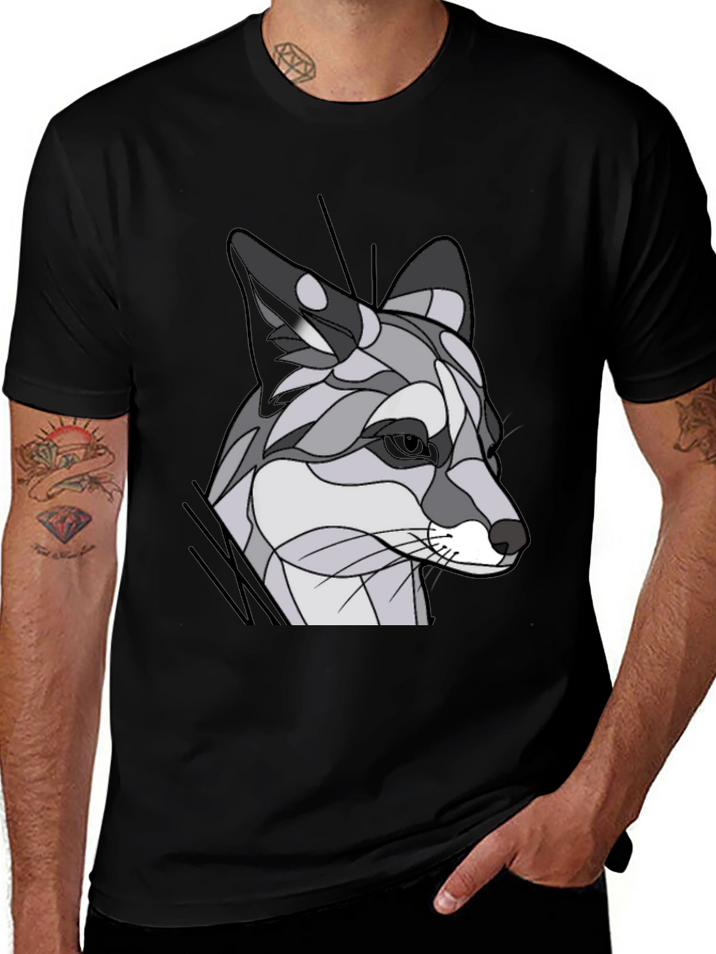 Abstract Geometric Fox Graphic Tee - Black