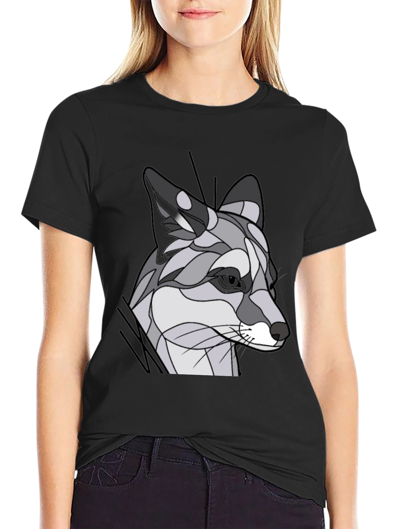 Abstract Geometric Fox Graphic Tee - Black