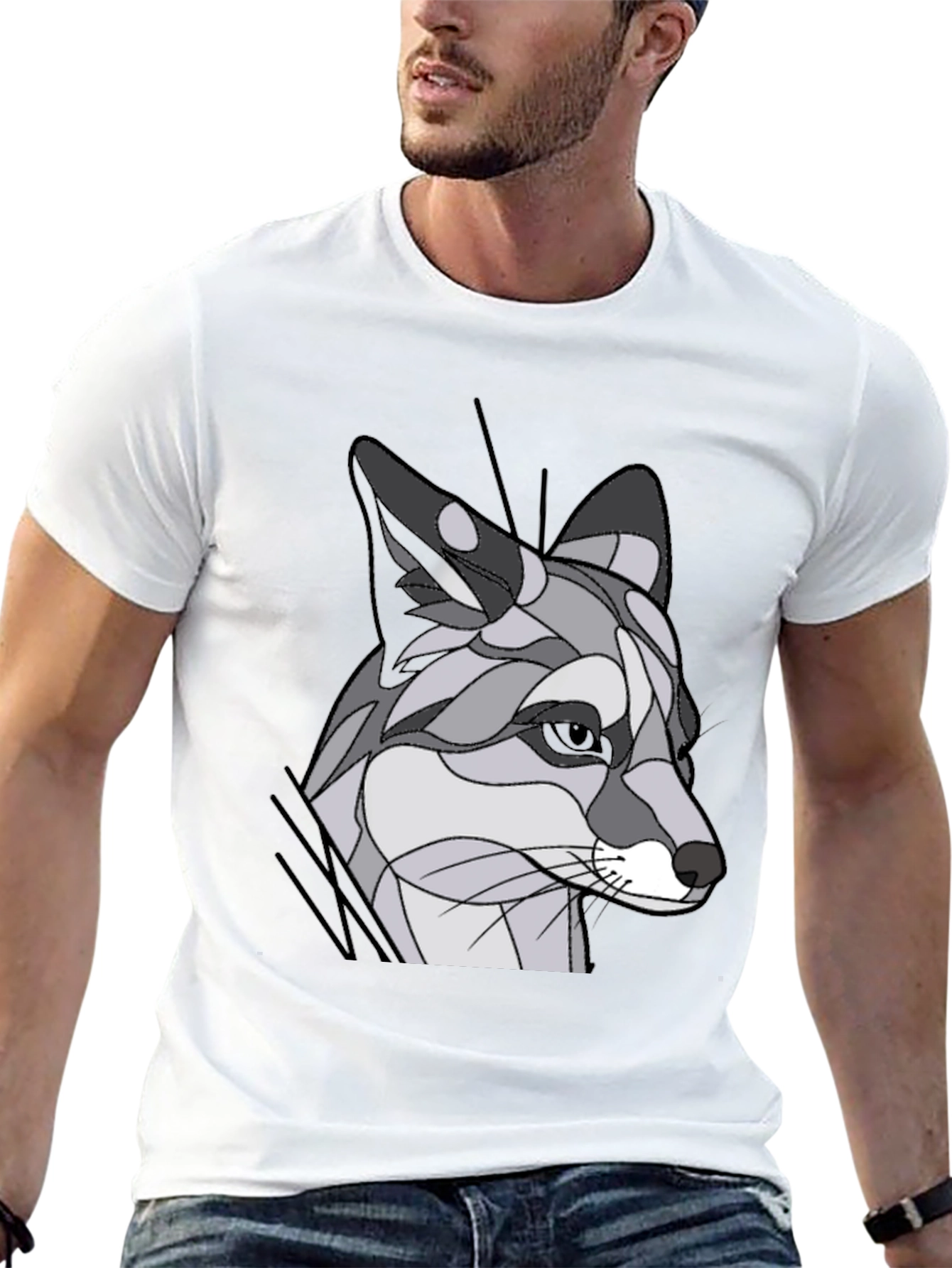 Abstract Geometric Fox Graphic Tee - Black