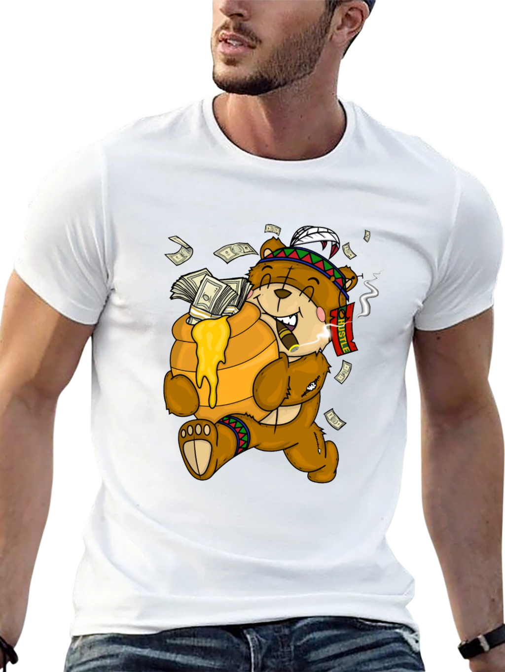 Cartoon Bear Hustle Graphic T-Shirt